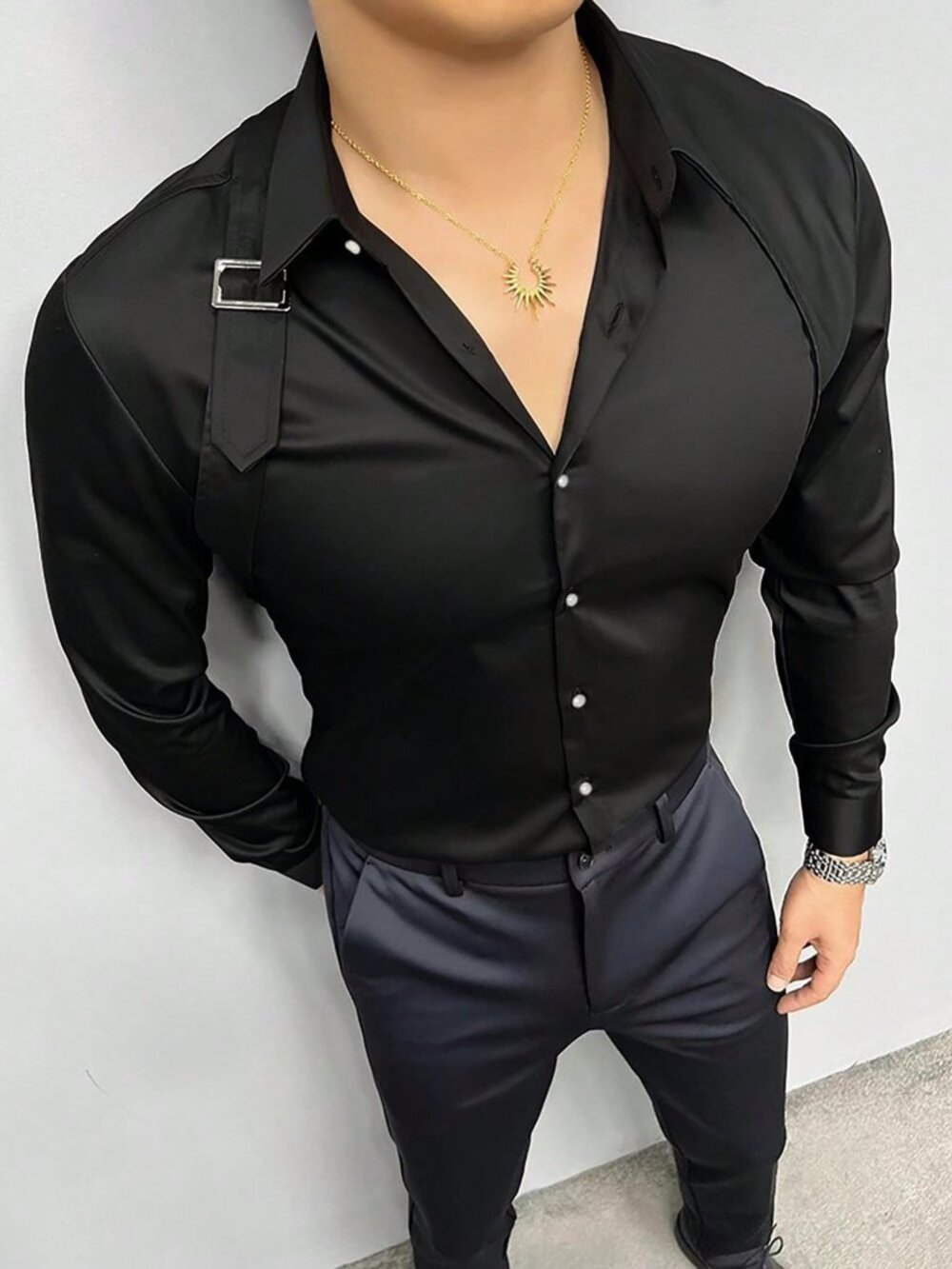 Black Preppy Men's Long Sleeve Shirt